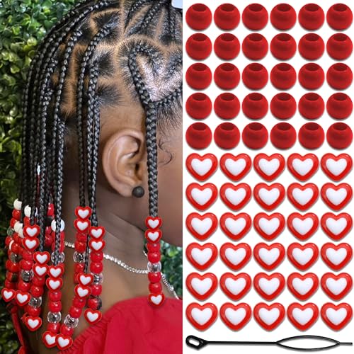 Image of NAISKA 60PCS Red Heart Hair Beads for Braids Round Pony Bead Loc Dreadlock Beads Kids Girls Acrylic Loc Jewelry Cute Hair Accessories Sets Christmas