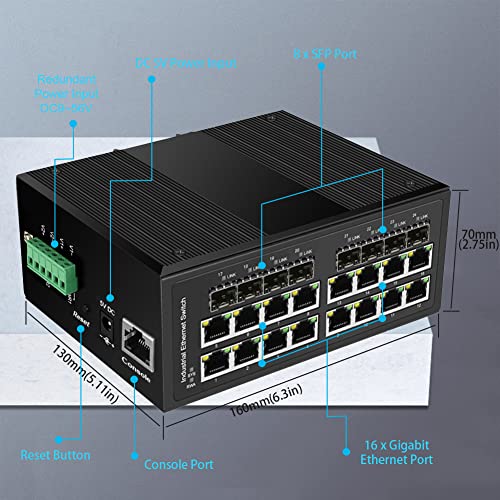 Image of Industrial Gigabit Managed Switch - 16 Ports 10 /100 /1000Mbps Web Management DIN Rail Ethernet Switch with 8 SFP Slots, Network Switch Support Ring Network, VLAN, STP, LACP, QOS