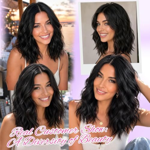 Image of Eawwii Black Wigs for Women,Short Wavy Synthetic Lace Wig
