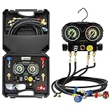 Versatile for HVAC: Compatible with R134 R1234 R410 R32 refrigerants, perfect for AC HVAC freon charging, evacuation, diagnostic check and recovery work Complete Freon Gauge Set: New model 4 way diagnostic gauge, 4 pieces extra long 5 FT R410 hoses, ...