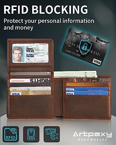 Image of Artpaxy Mens Wallet Genuine Leather Bifold RFID Blocking Wallet for Men with 2 ID Windows 12 Card Holders 2 cash pockets 1 Gift Box