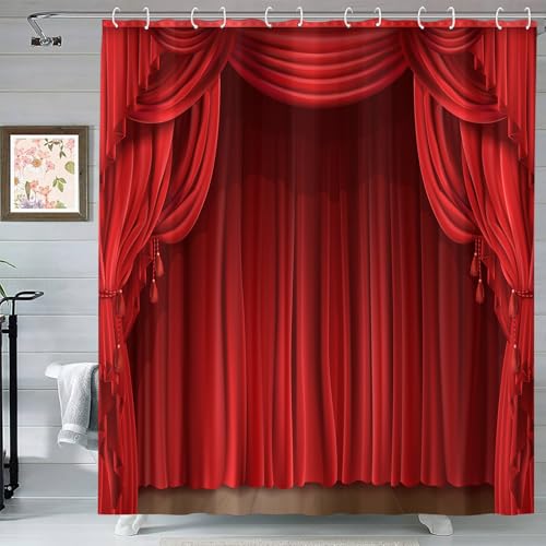 GardEssere Theatre Shower Curtain for Bathroom Show Stage Bath Curtain with 12 Hooks Waterproof Polyester Red Curtains Classic Antique Background 183X183 CM
