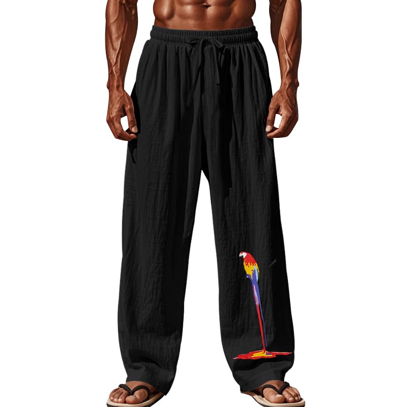 Mens Linen Pants Parrot Print Yoga Beach Summer Casual Elastic Waist Drawstring Pants Trousers with Pockets
