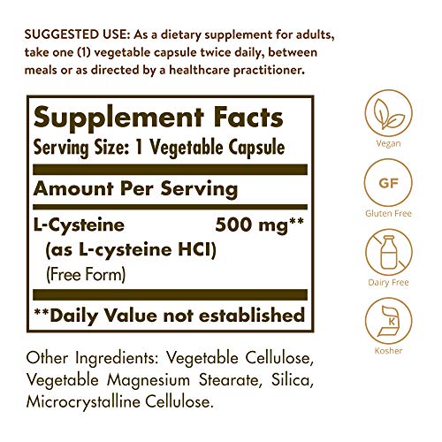 Solgar L-Cysteine 500 Mg, 90 Vegetable Capsules - Free Form Amino Acid - Keratin Support For Skin, Hair & Nails - Glutathione Support - Vegan, Gluten Free, Dairy Free, Kosher - 90 Servings #TOP1