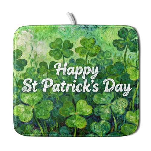 St Patricks Day Lucky Clover Dish Drying Mat for Kitchen Counter 16x18 Green Shamrock Happy Holiday Theme Absorbent Reversible Microfiber Drying Mats Kitchen Countertop Protector Dishes Drainer Pad