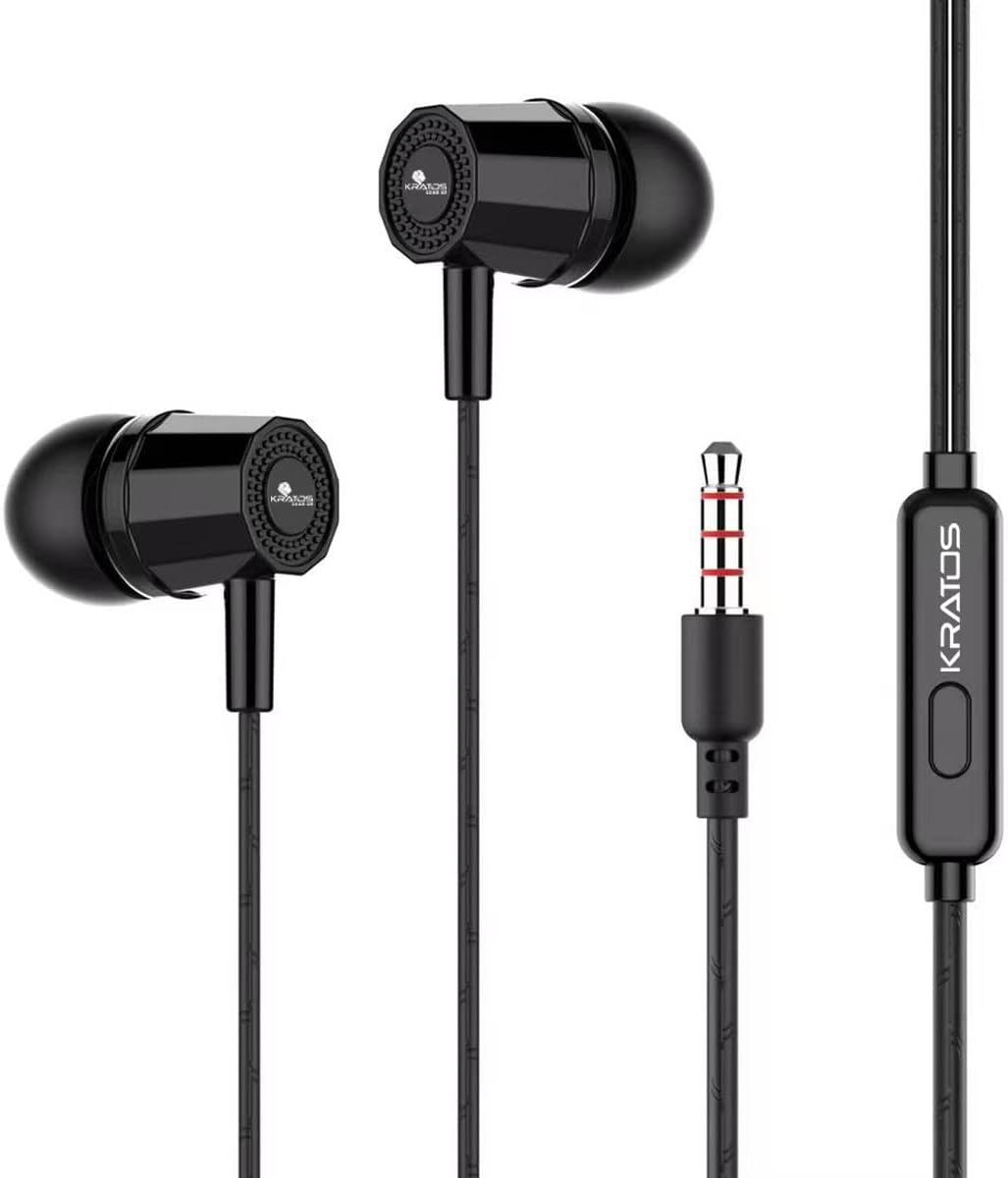 Kratos Thump Wired Earphones, Powerful Bass, HD Sound Quality Earphones, Tangle Free Cable, Comfortable in Ear Fit, with 3.5 mm Jack - Black