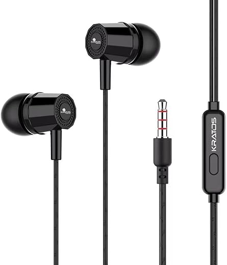 Kratos Thump Wired Earphones, Powerful Bass, HD Sound Quality Earphones, Tangle Free Cable, Comfortable in Ear Fit, with Mic 3.5 mm Jack – Black