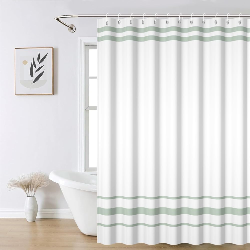 Sage Green Striped Shower Curtain for Bathroom Modern abstract Minimalist White Green Bathtub Decoration Set Farmhouse Bath Curtains Machine Washable Waterproof Polyester Fabric with Hooks 72x72 Inch