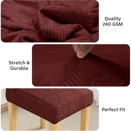 Image of Lukzer Elastic Dining Chair Cover - 4PC Pastel Deep Maroon Zigzag | Textured High Stretch Jacquard Seat Cover | Removable Washable Short Dining Chair Cover Protector Seat Slipcover | (CC-138-04)