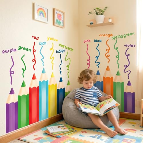 Image of DECOWALL Educational Pencil Crayons Wall Stickers Learning Color Educational Decals for Kids Girls Boys Room Bedroom Nursery Classroom Playroom Peel Stick Art Living Classroom (SG2-2417)
