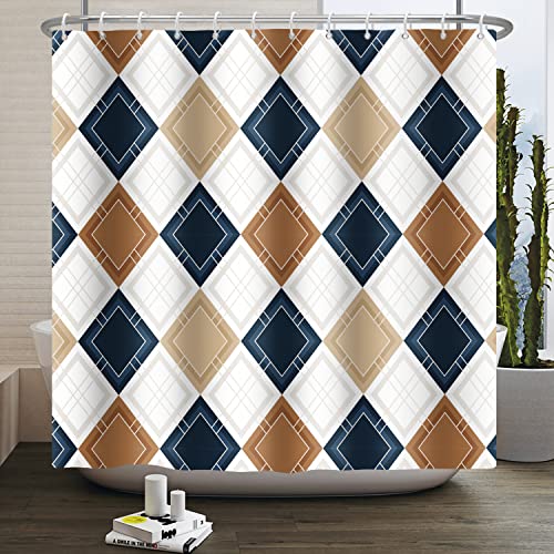 SDOTPMT 180x213cm Cortina de baño con patrón geométrico Cortina de bañera de Fondo Blanco a Cuadros nórdicos Cortina de baño a Rayas de Diamante Retro para decoración de baño con Gancho