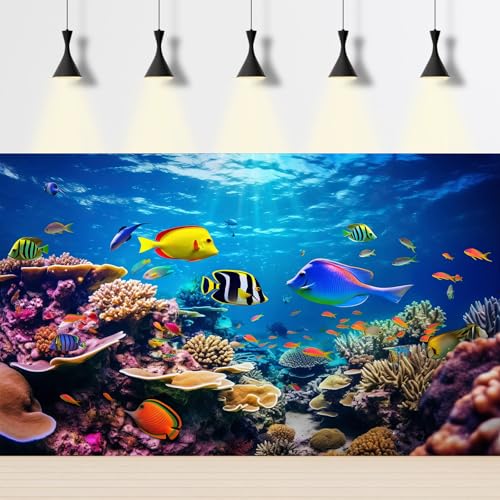 Image of Under The Sea Aquarium Background Coral Reef Ecosystem Colorful Tropical Fish Terrarium Background Ocean Underwater Theme World with Sunbeams Fish Tank Backdrop Wallpaper Decor Poster 48x20in