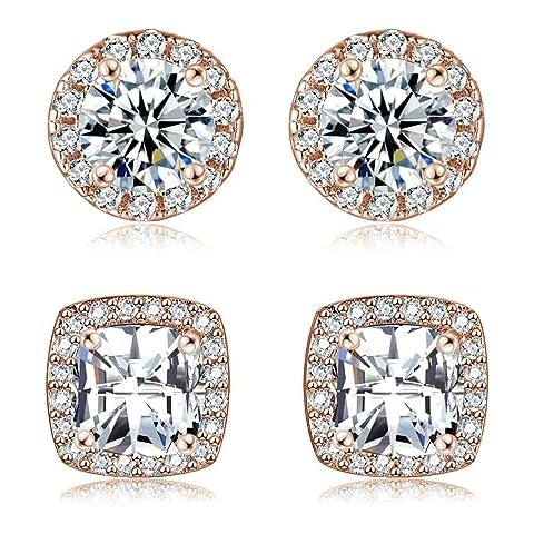 18K Rose Gold Plated Earrings Cubic Zirconia Simulated Diamond Stud Earrings for Women Men with Sensitive Ears(2 Pairs) Cover