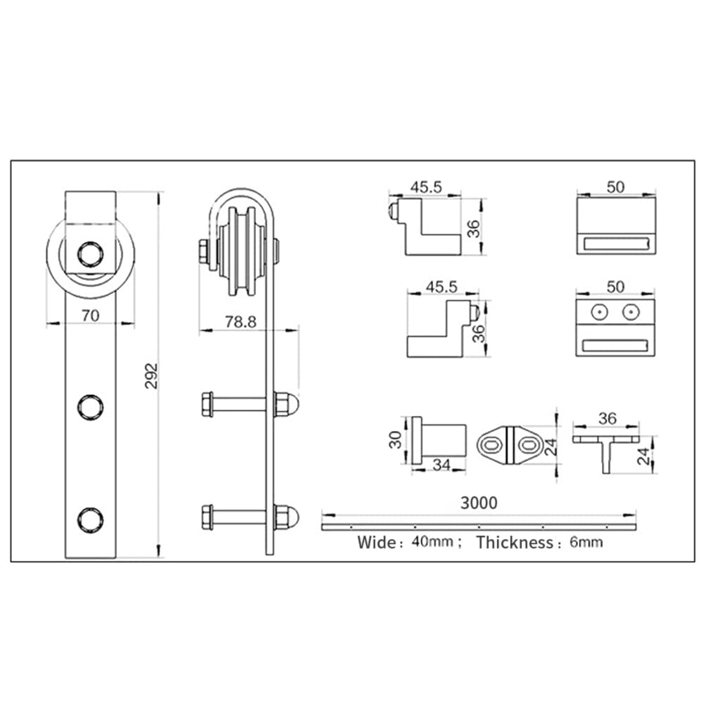 MAYMA Kit Porte Coulissante de Grange 300CM, Quincaillerie, Système de Porte Simple Coulissante, Rail+2 Roulette