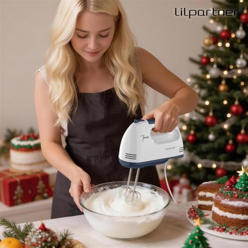 Image of LILPARTNER Hand Mixer Electric, Ultra Power Kitchen Hand Mixer With 7-Speed & 5 Stainless Steel Accessories for Whipping Dough, Cream, Cake, Dishwasher Safe, Light White