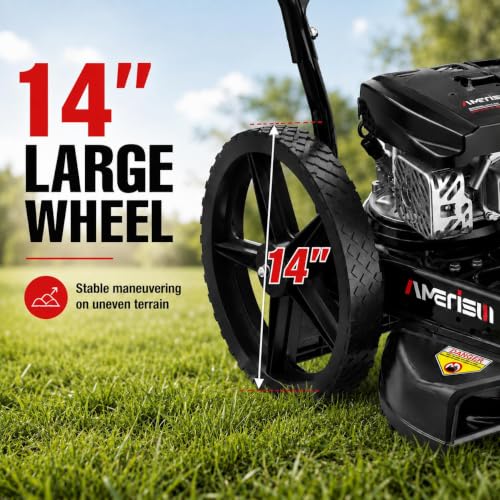 Image of AMERISUN 22 inch Gas Walk Behind String Trimmer with 1.9 inch-4.0 inch Cutting Height | 170cc 4-Cycle Gas Wheeled Weed Trimmer, 14 inch High Wheels, Foldable Handle, for Tall Grass, Brush and Overgrown Areas