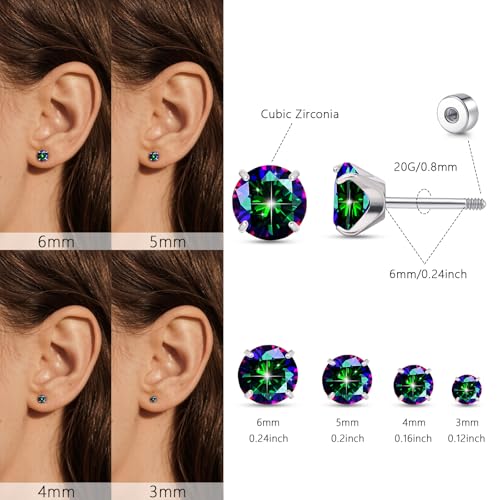 limerencia 4 Pairs G23 Hypoallergenic Flat Back Titanium Earrings Set for Women Men,20G 3-6mm Screw Back Cubic Zirconia Studs Cartilage Earrings for Sensitive Ears3