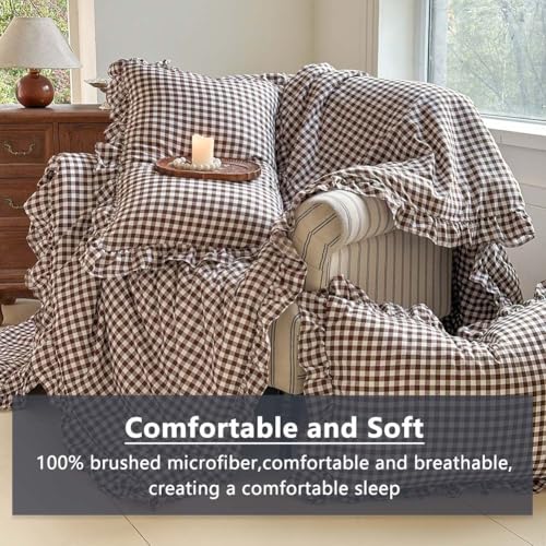 Image of NSNLGSGC Mocha Ruffle Gingham Comforter Set King, Pre-Washed Ruffled Coffee Plaid Checked Comforter Bedding, 3 Pieces Vintage Farmhouse Grid Bedding Set(Mocha Gingham, King)