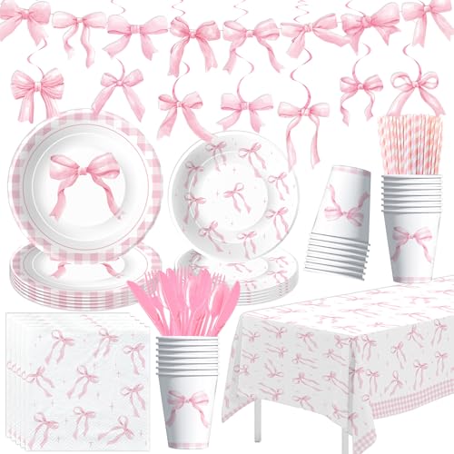 Srua Don Pink Bow Birthday Decorations Supplies Girl Bow Theme Coquette Birthday Decorations Plate Napkin Cup Tablecloth Banner Swirls Cutlery Pink Bow Party Decorations Tableware Serves 24