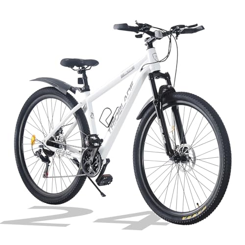TRIOBLADE 24/26/27.5/29 Inch Mountain Bike 21 Speeds Bike 17.5 Inch Lightweight Aluminium Frame Bicycle for Adult Men Women, Lockout Suspension Fork, Dual Disc Brake (24inch, White)