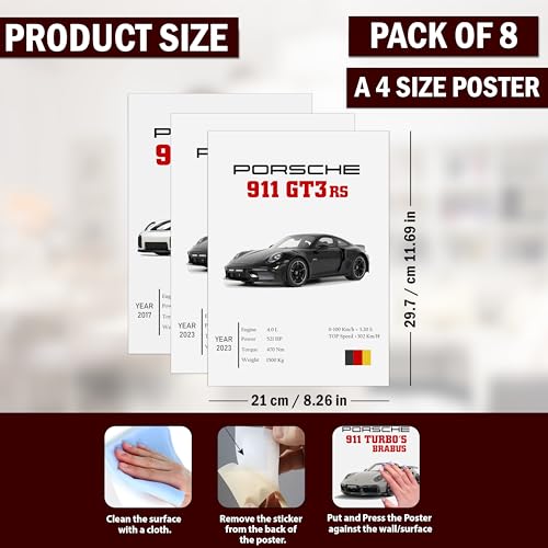 Image of Wall Porsche Pack of 8 Posters 8x12 inch (A4 Size) Included Self Adhesive on Back Wall Decor Posters Wall Art For Bedroom, Living room, Office, Dining Room