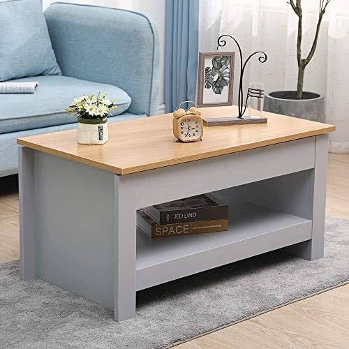 CF Furniture Sliding Top Up Coffee Table Small Coffee Table Side Table with Shelf - Grey+Oak,85x47x42cm