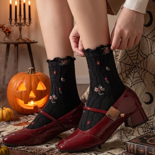 Image of Womens Ruffle Crew Socks Vintage Patterned Ankle Casual Fashion Dress Sock Cute Lettuce Floral Socks 5 /6 Pack