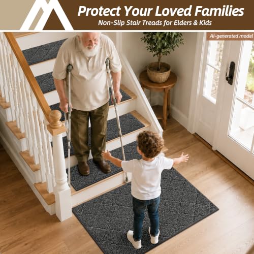 Image of COSY HOMEER Edging Stair Treads Non-Slip Corner Indoor Stair Runners for Wooden Steps,Landing Slip Resistant Stair Rugs for Kids and Dogs, 100% Polyester TPE Backing,Black,20 inchX32 inch