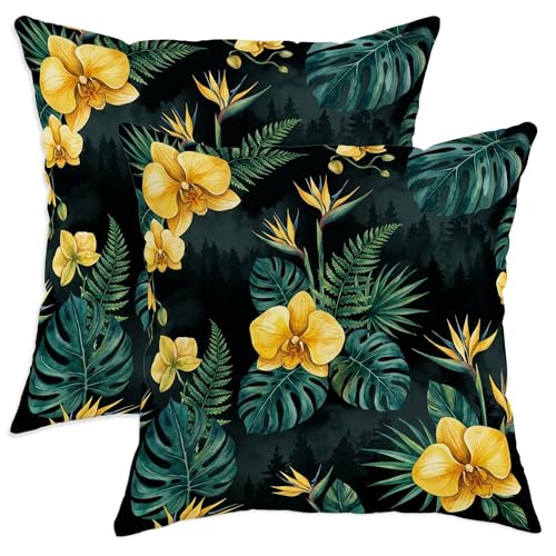 Image of Orchid Throw Pillow Covers Set of 2, Tropical Botanical Leaf Fern Summer Yellow with Hidden Zipper Cushion Covers Pillow for Living Room Bed Office Sofa Chair Decor 12x12 Inch