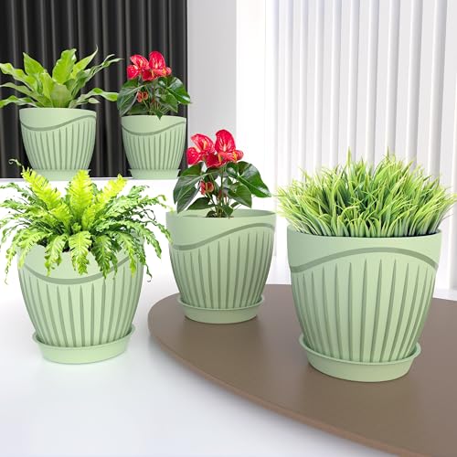 Image of ELUVIA Plastic Plant Pots with Drainage Holes and Trays - Set of 5 (6 Inch) - Minimalist Decorative Indoor Flower Pots for Living Room, Balcony & Office Garden (Green)