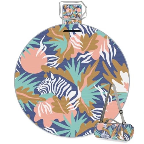 Shimoshe Zebra Leaf Picnic Outdoor Blanket Foldable Waterproof Sandproof Beach Blanket Portable Water-Resistant Round Picnic Mat for Travel Camping Park Lawn