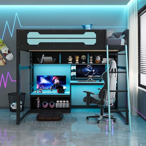 Image of Harper & Bright Designs Full Size Wood Gaming Loft Bed with Desk and Storage Shelves, Modern Low Loft Bed Frame with LED Lights, USB Ports and Pegboard for Kids Teens Adults, Black+Blue