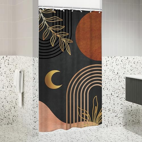 Image of Riyidecor Small Stall Dark Brown Abstract Boho Shower Curtain for Bathroom Decor 36Wx72H Mid Century Minimalist Modern Geometric Gold Palm Leaves Arch Simple Fabric Waterproof Polyester 7 Pack Hooks