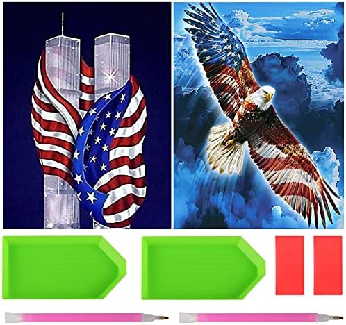 2 Pack DIY 5D Full Drill Diamond Painting Kits, Twin Towers & USA Flag Eagle Gem Art Craft Paint, Diamond Dots Diamond Art Kits for Adults Kids with Tools Accessories for Home Wall Decor (12"x16")