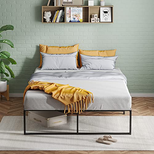 Amyove Marco de cama de metal tamaño Queen, plataforma de cama Queen de 14 pulgadas con soporte de acero 3 en 1, resistente, no necesita somier, base de colchón fácil de montar, color negro