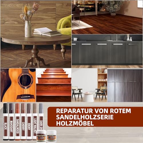 Furniture Möbelreparatur Möbel Reparaturset Rot Sandelholz Serie,7 Farbe Holzmarker, mit 2 Holzkitt, Holzkratzer Reparaturset Holzmöbel Set Möbelmarker für Flecken, Kratzer, Böden, Tische