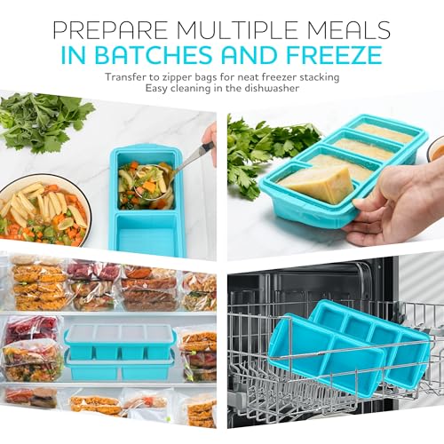 Image of Silicone Freezer Tray With Lid-Soup Freezer Container molds-Large Ice Cube Tray Set Makes 1-Cup & 2-Cup portions cubes Perfect for preparing meals in different portion sizes Oven & Dishwasher -Safe