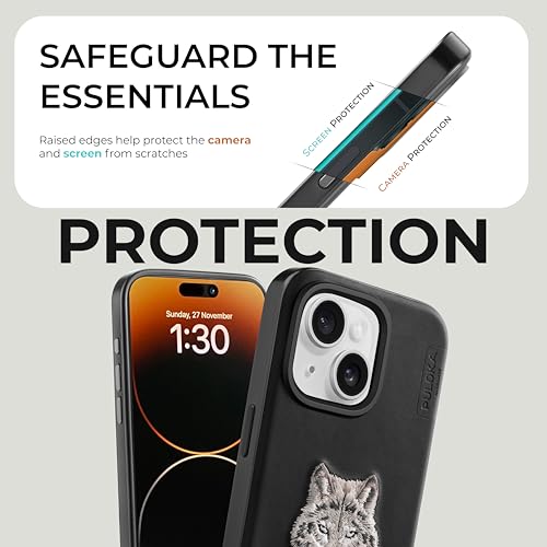 Image of PULOKA - Mobile Cover Compatible for iPhone 15 - Wolf Embroidery - Sleek & Stylish - Protective & Anti Scratch Phone Cover Vegan Leather Back Case - Men & Women - Black