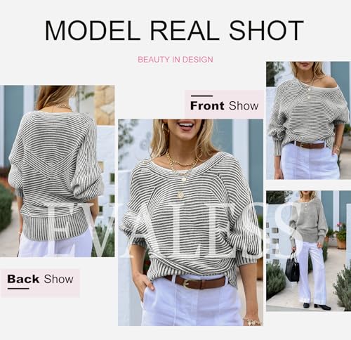 Image of EVALESS Striped Sweaters for Women Boat Neck Batwing Sleeve Oversized Pullover Sweater Tops Womens Fall Clothes Outfits