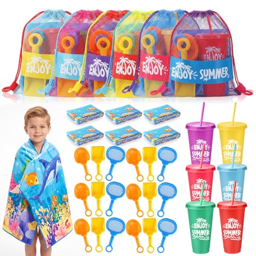 Honeydak 6 Set Summer Mesh Drawstring Bag Tumbler Beach Towels Shovels Bulk for Pool Games Birthday Party Decor Summer Party Favors Pool Beach Gifts