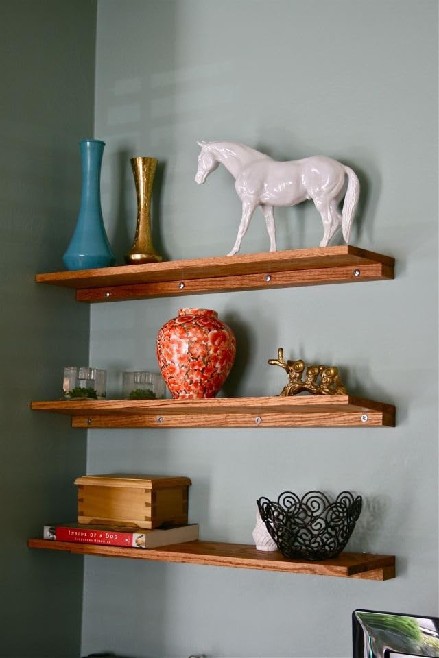 Image of MAYAL Floating Wall Shelves, Wooden Display Shelf Set of 3, Modern Home Decor, Rustic Oak Finish