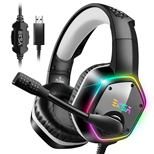 EKSA E1000 USB Gaming Headset for PC, Computer Headphones with Microphone/Mic Noise Cancelling, 7.1 Surround Sound, RGB Light – Wired Headphones for PS4, PS5 Console, Laptop, Call Center