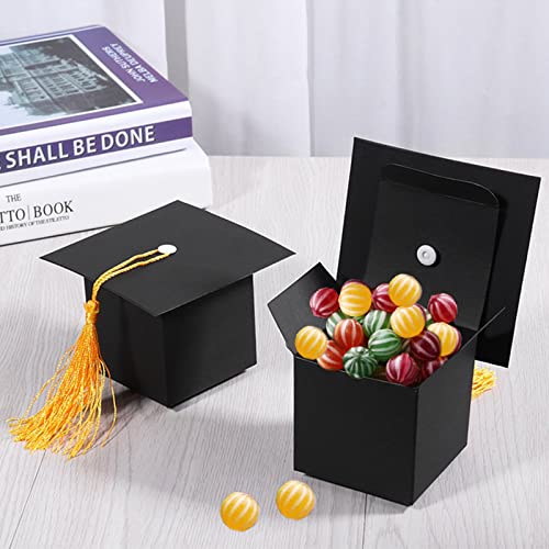 Image of BESSEEK 30Pcs Graduation Cap Gift Boxes, Black Graduation Cap Shaped Candy Boxes with Yellow Tassel, Graduation Decorations for Graduation Ceremony Party