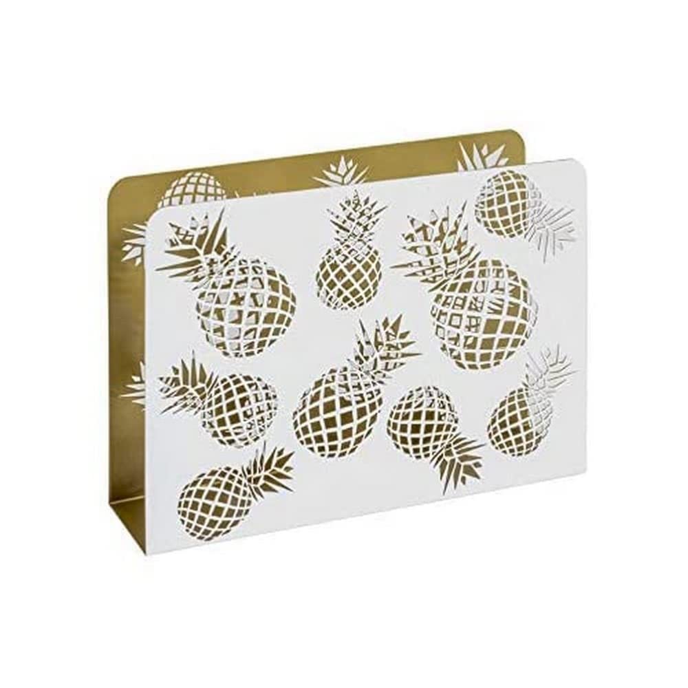 HAKU Revistero dorado y blanco, bandeja para periódicos, cesta para revistas Pineapple de metal con diseño de piña perforado - Dimensiones: An 35 x Al 26 x Pr 10 cm, Estilo: Moderno