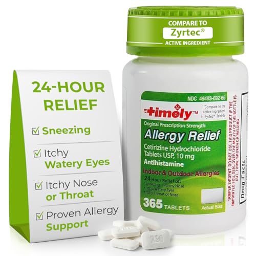 TIME-Cap Labs 365 Tablets Cetirizine HCl 10mg Allergy Relief - Antihistamine for Adults & Children Age 6+, Helps Relieve Sneezing, Runny Nose, Itchy Watery Eyes & Itchy Throat