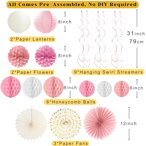 Image of Rose Gold Pink Birthday Decorations for Women Girls, Pre-Strung 24pcs | Happy Birthday Banner, Honeycomb Balls, Paper Flowers, Lanterns, Streamers, Dots Garland for Happy Birthday Party Decorations