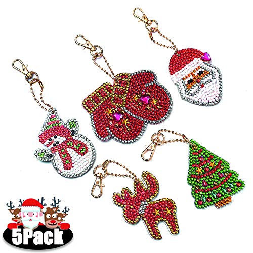 Zariocy Christmas Lot de 5 porte-clés en forme de diamant 5D pour débutants, Père Noël, bonhomme de neige, arbre de Noël, élan, cadeau de vacances, accessoire de téléphone Cover