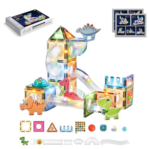 Magnetic Tiles Marble Run STEM Building Set 3D Educational Construction Kit Learning Stem Sensory Stacking Toys Birthdays Gifts Classrooms Game for Kids Ages 3-8 (64Pcs Dinosaur Theme)