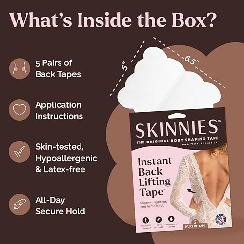 Image of Skinnies Instant Back Lift Tape - Patented & Made in USA - Smooths Back Fat Instantly - Hides Easily on Your Sides - Waterproof, Clear Adhesive Strips, Sweatproof Body Tape for Women - 5 Pairs