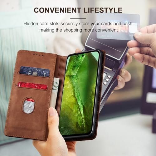 Image of Jasonyu Flip Wallet Case for Google Pixel 8A,Leather Magnetic Folio Cover with Card Holder,Kickstand - TPU Shockproof Durable Protective Phone Case,Brown